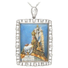 Antique 1.28 Carat Diamond and Enamel Miniature Portrait Pendant in Platinum