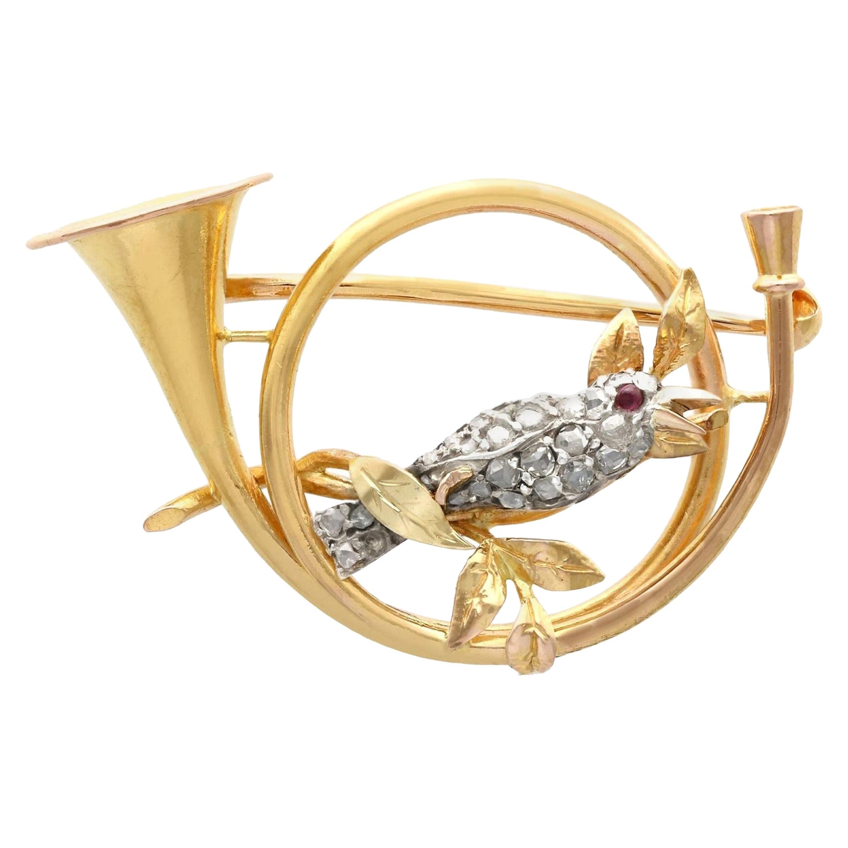 Antique Diamond and Ruby Yellow Gold and Silver Bird Brooch For Sale