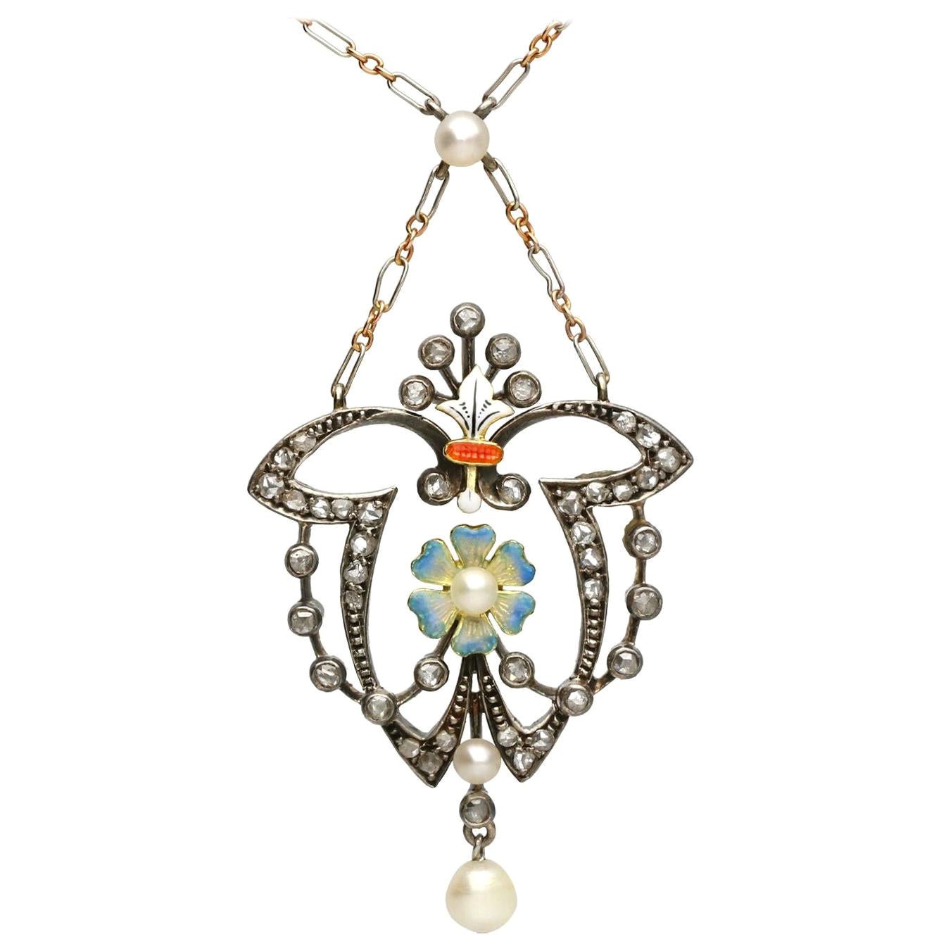 Antique Diamond Pearl and Enamel Yellow Gold and Silver Pendant For Sale