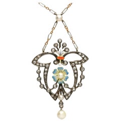 Antique Diamond Pearl and Enamel Yellow Gold and Silver Pendant