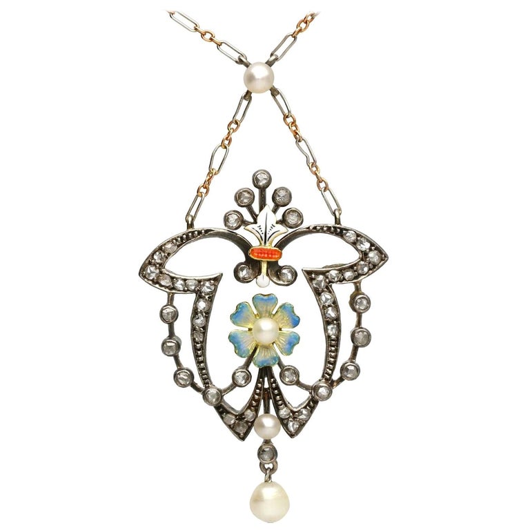 Antique Diamond Pearl and Enamel Yellow Gold and Silver Pendant For ...