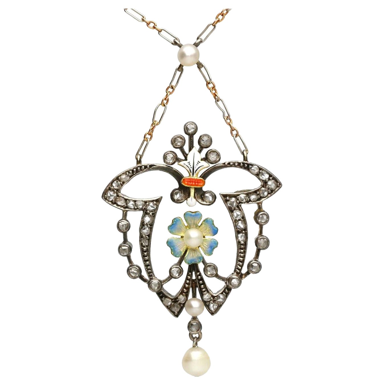Colgante Antiguo de Oro Amarillo y Plata con Diamantes, Perlas y Esmalte
