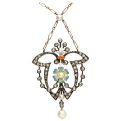 Colgante Antiguo de Oro Amarillo y Plata con Diamantes, Perlas y Esmalte