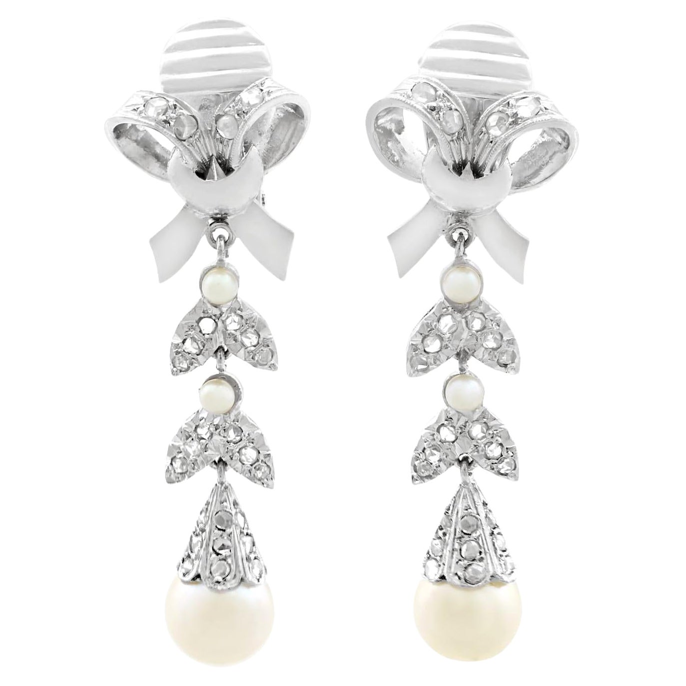1960s Pearl and Diamond White Gold Drop Earrings For Sale