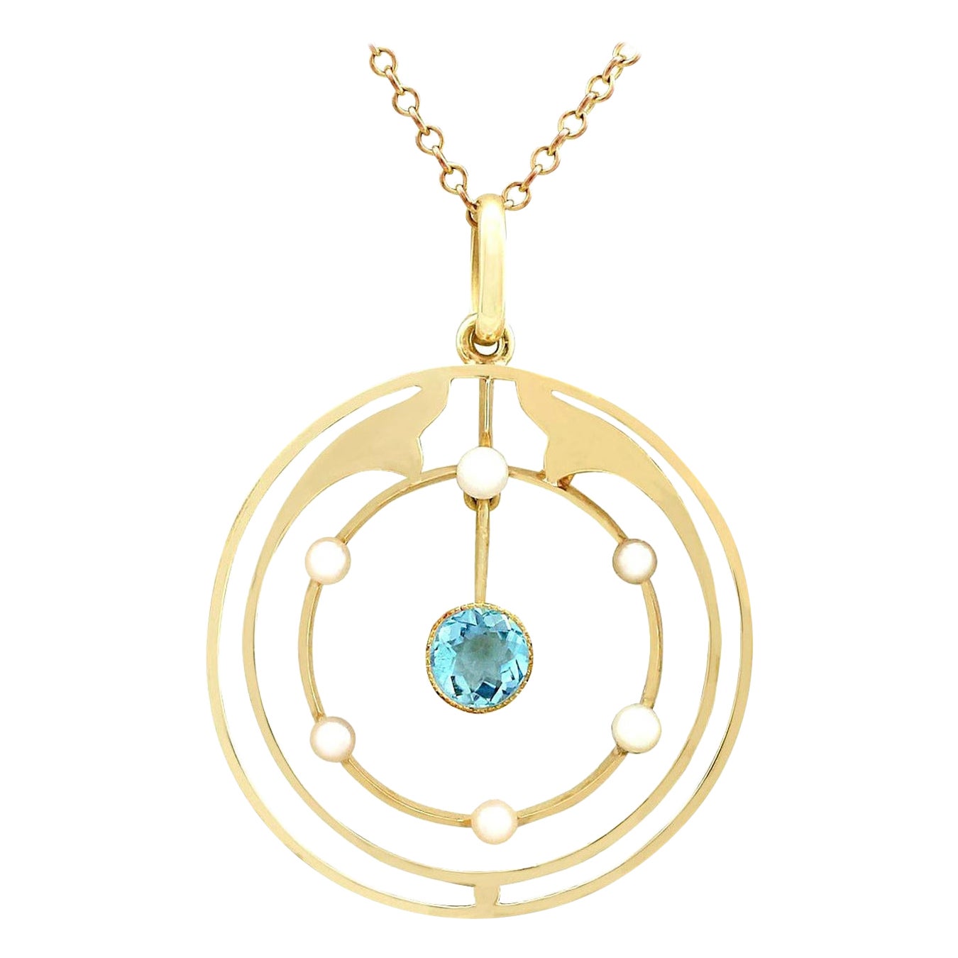 Antique Aquamarine and Pearl Yellow Gold Pendant