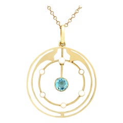 Antique Aquamarine and Pearl Yellow Gold Pendant