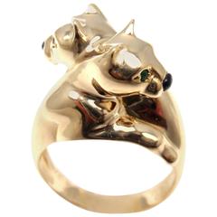 Retro Cartier Double Panther Black Onyx Emerald Gold Band Ring