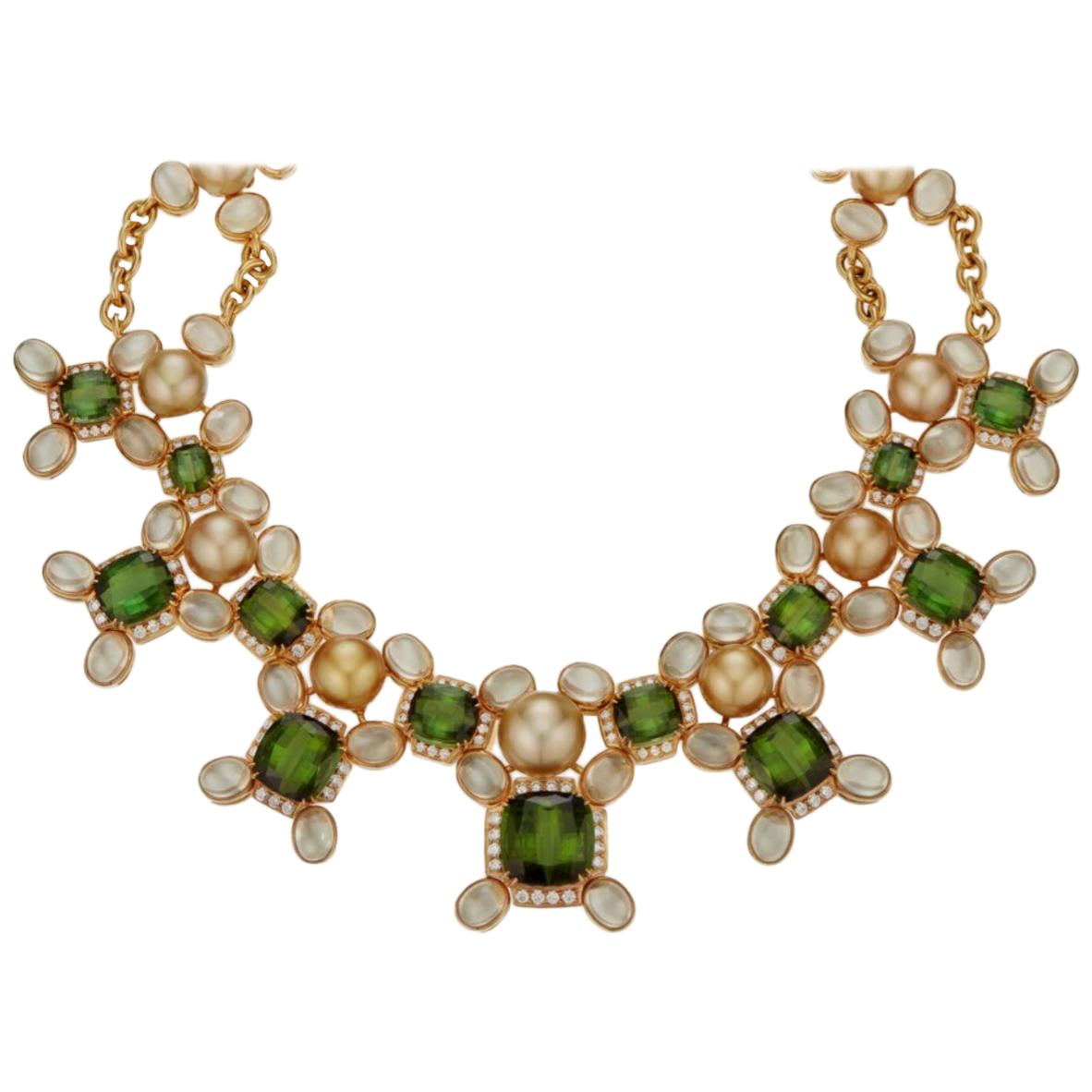 Prince Dimitri for Assael Green Tourmaline Pearl, Diamond and Multi Gem Necklace