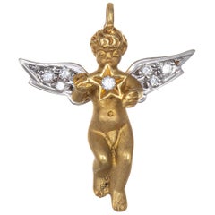 Vintage Winged Angel Charm Estate Diamond 18 Karat Gold Cherub Pendant Fine Jewelry