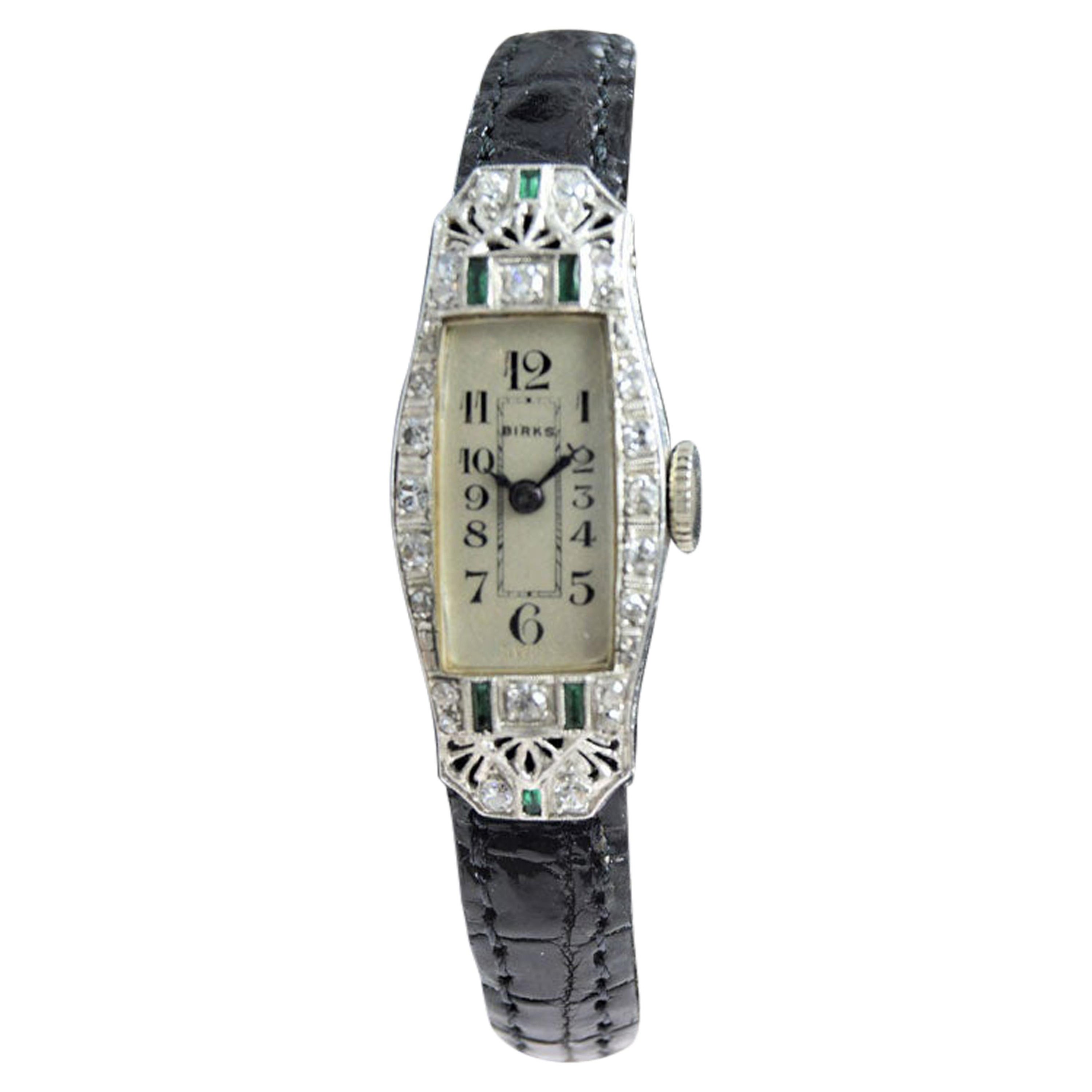 Birks of Canada Platinum Diamond Emerald Art Deco Ladies Watch, circa 1930s For Sale