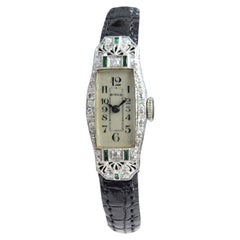 Antique Birks of Canada Platinum Diamond Emerald Art Deco Ladies Watch, circa 1930s