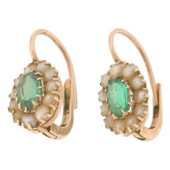 Retro Handcraft Emeralds 14 Karat Yellow Gold Pearls Drop Earrings