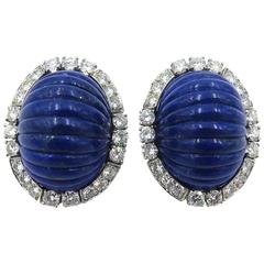 David Webb Lapis Lazuli Diamond Gold Platinum Earrings