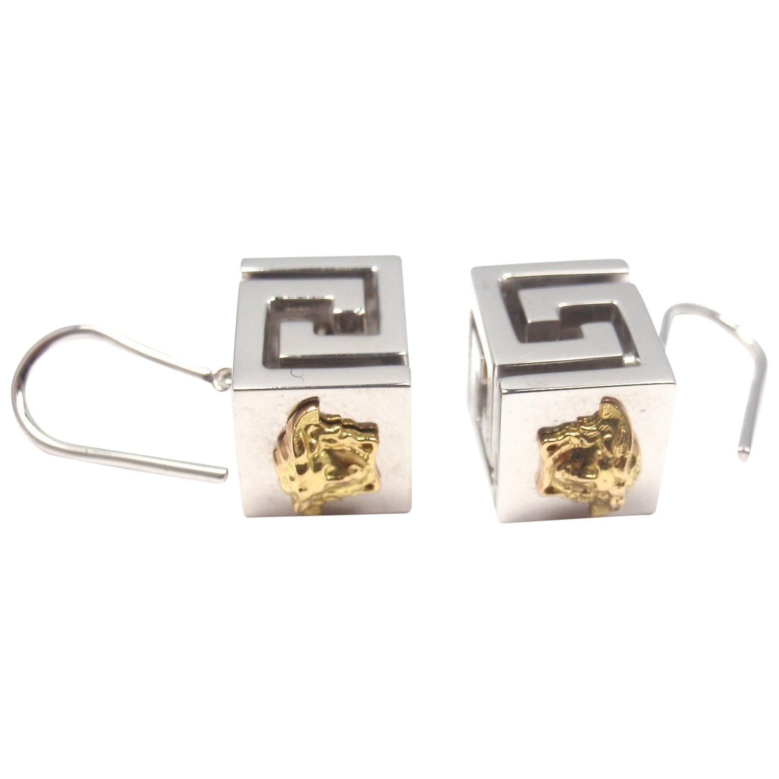 Versace Sterling Silver Yellow Gold Cube Earrings