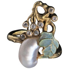 GEORGES LE TURCQ Art Nouveau Diamond Pearl Gold Plique-À-Jour Enamel Ring