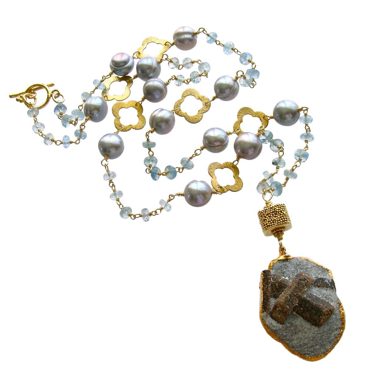  Staurolite Crystals Aquamarine Freshwater Pearls Quatrefoils Necklace