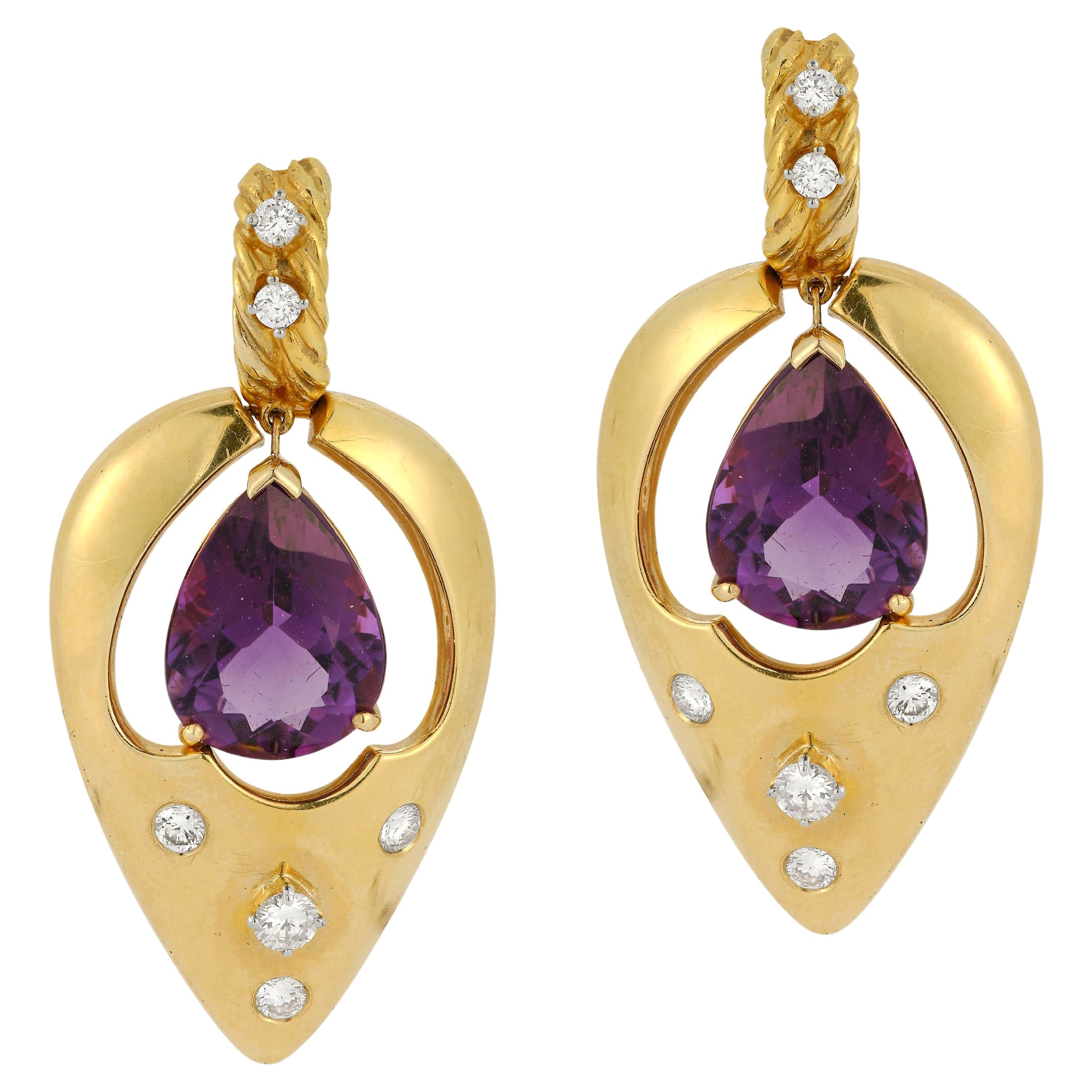 Amethyst and Diamond Gold Dangle Earrings For Sale