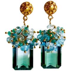 Blue Green Emerald Cut Ametrine Cluster Earrings