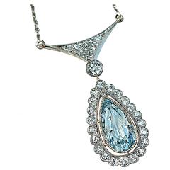 Art Deco Aquamarine Diamond Gold Necklace