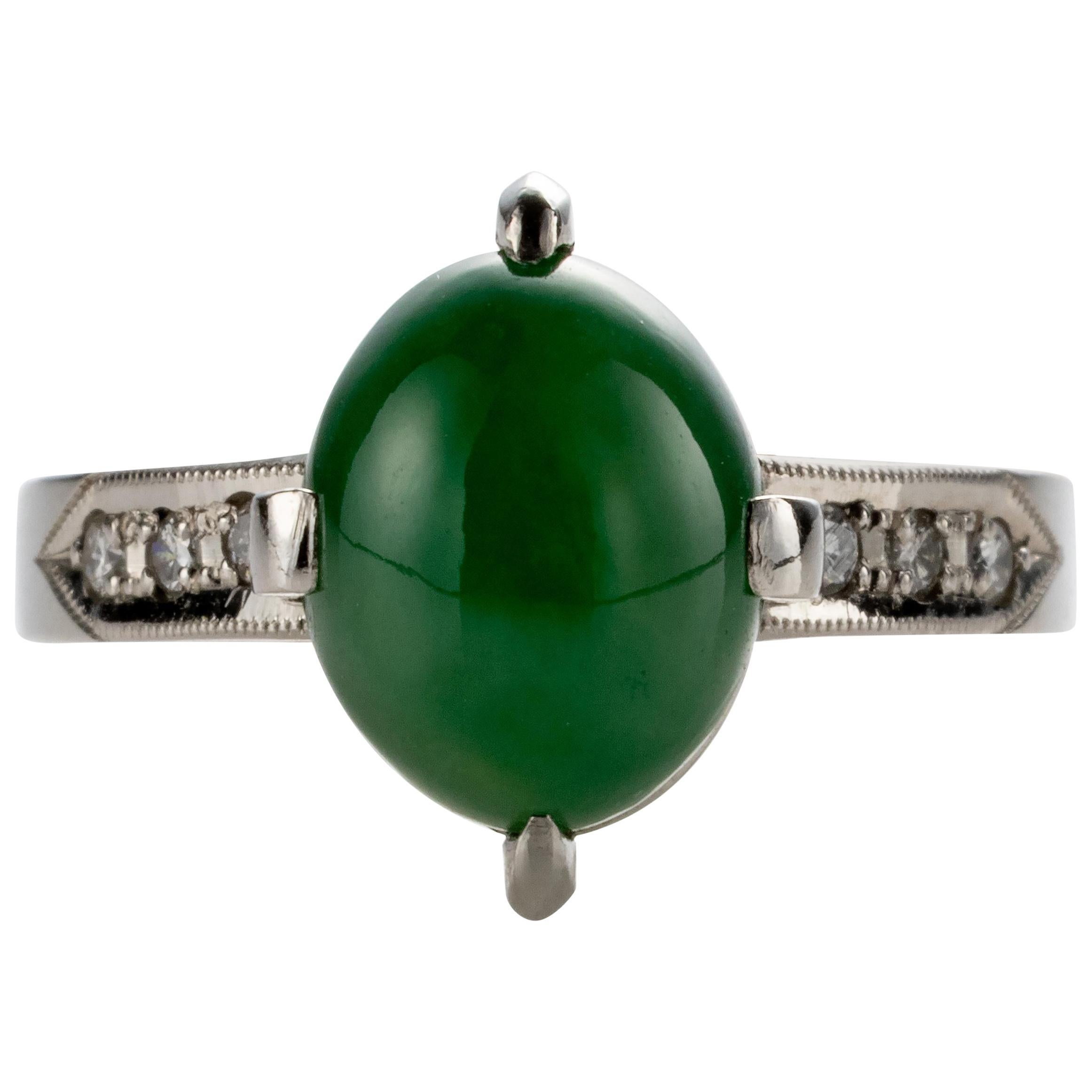 Jade Ring & Diamond Ring in Platinum GIA Certified Untreated Midcentury For Sale