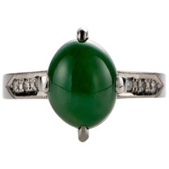 Vintage Jade Ring & Diamond Ring in Platinum GIA Certified Untreated Midcentury