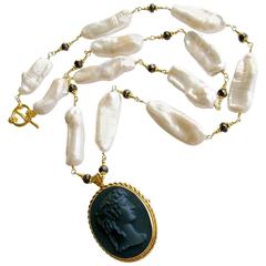 Biwa Pearls Pyrite Basalt Cameo Pendant Necklace