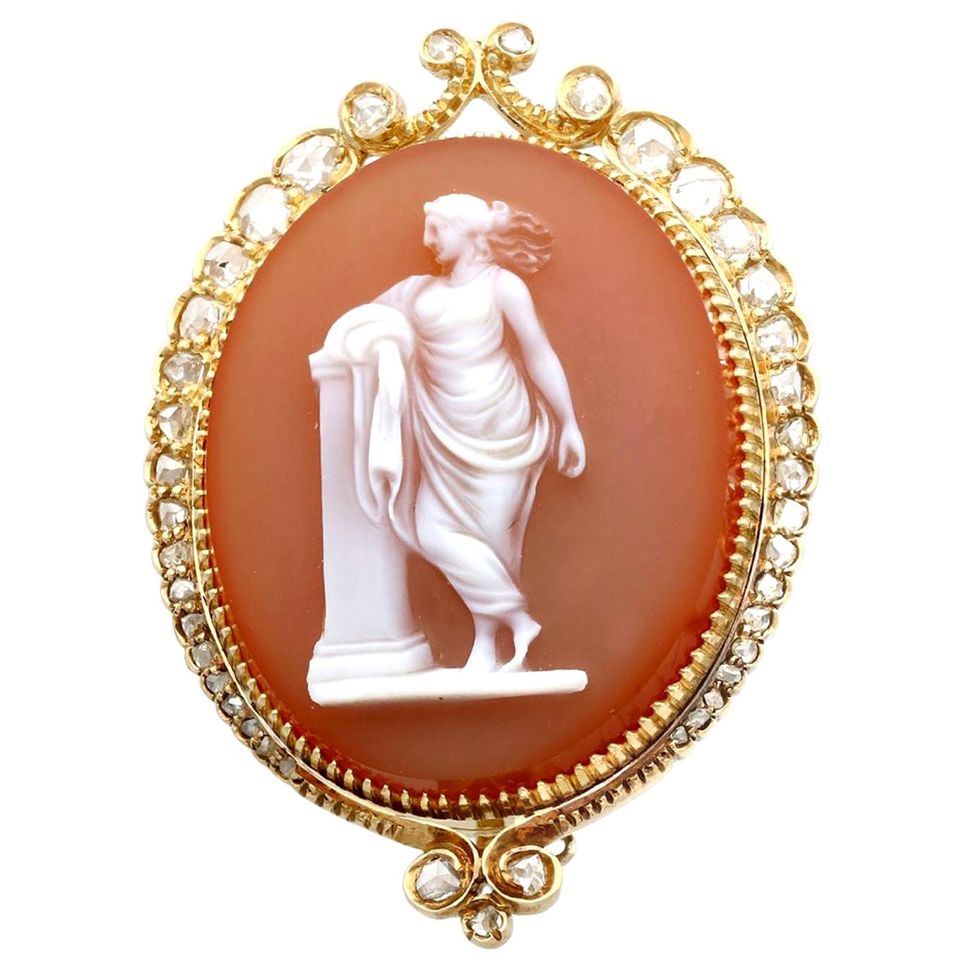 Antique Hardstone and Diamond Yellow Gold Cameo Brooch For Sale