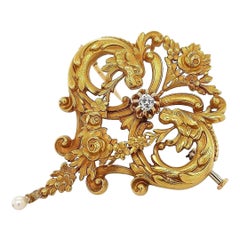 18kt Gold Art Nouveau Brooch/Pendant Beautiful Old Mine Diamond & Natural Pearl