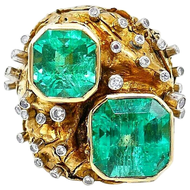 Artisan Yellow Gold Emerald Diamond Cocktail Ring GIA