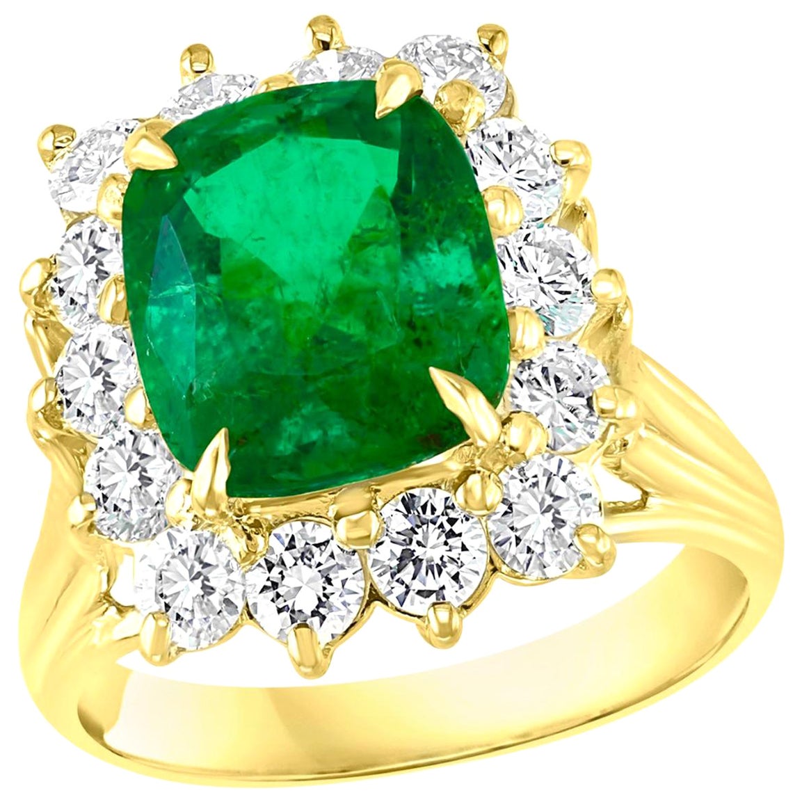 AGL Certified 4.2 Carat Cushion Cut Colombian Emerald & Diamond Ring 18K Y Gold