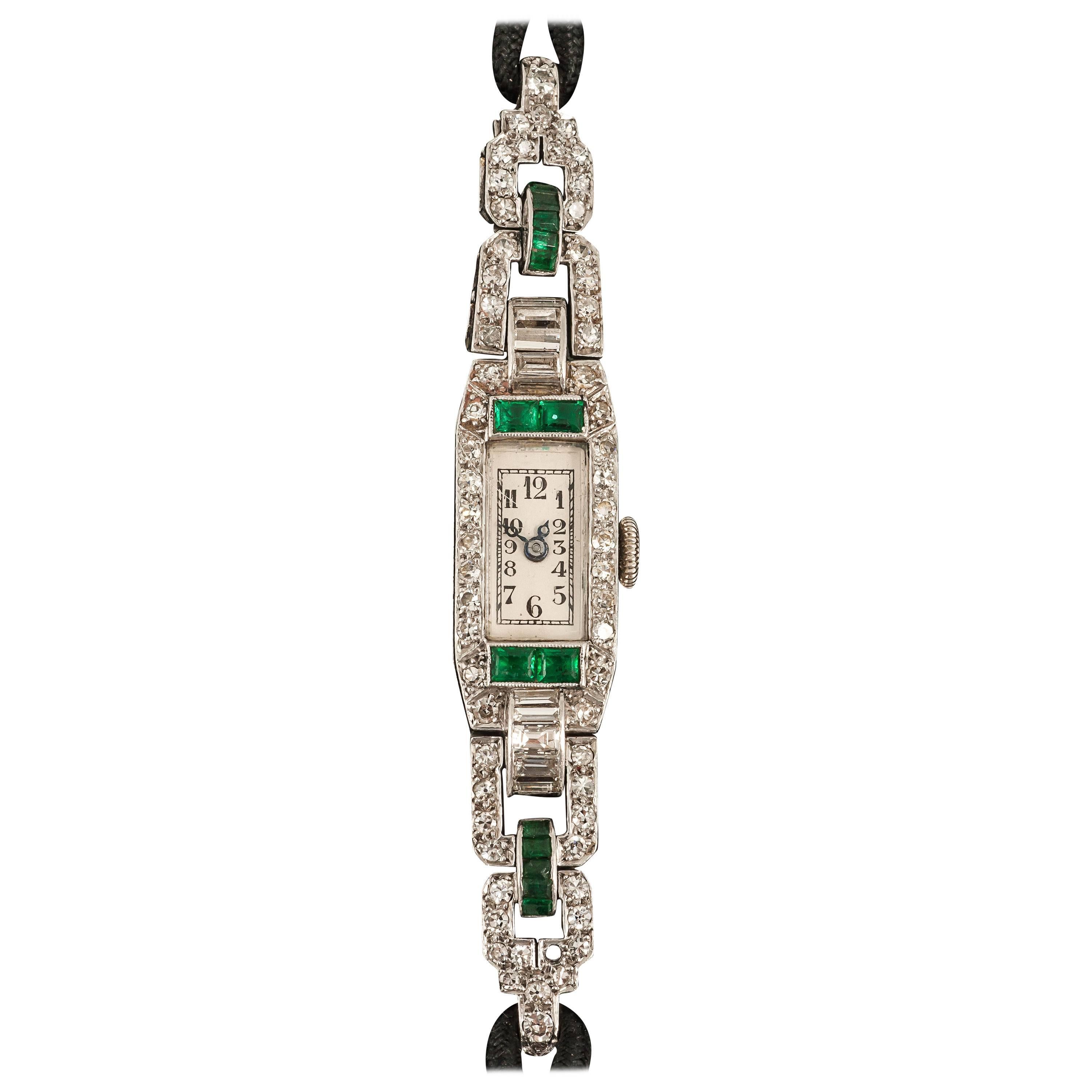 Art Deco Lady's Platinum Diamond Emerald Wristwatch