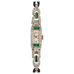 Art Deco Lady's Platinum Diamond Emerald Wristwatch 