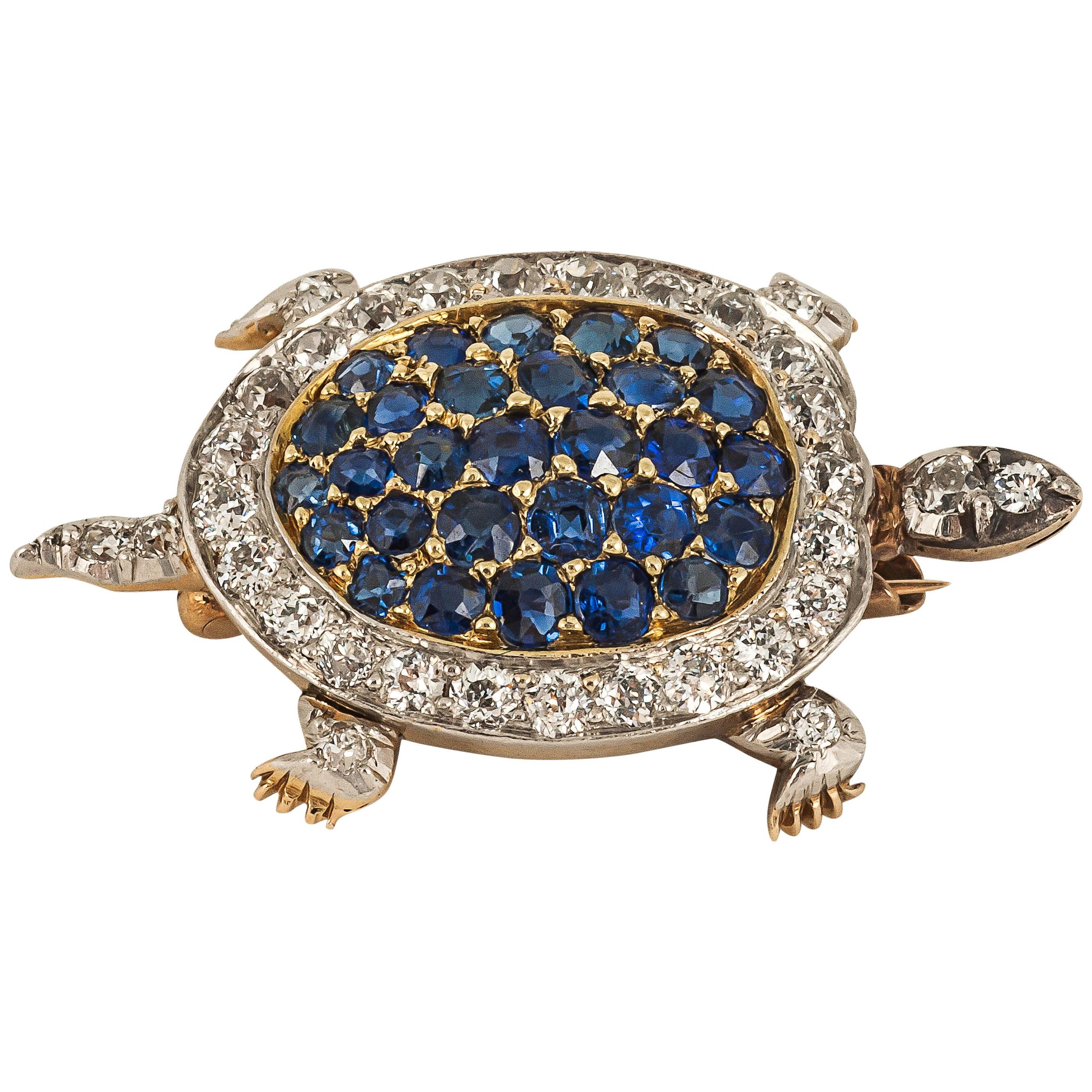 Ceylon sapphire diamond gold platinum Tortoise brooch 