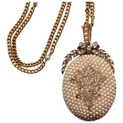 Antique Large pearl rose cut diamond Gold locket