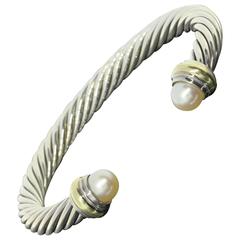 David Yurman Pearl Sterling Silver Gold Classic Cable Cuff Bracelet