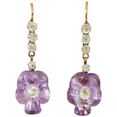 Carved Amethyst Diamond Silver Gold Pansy Drop Earrings