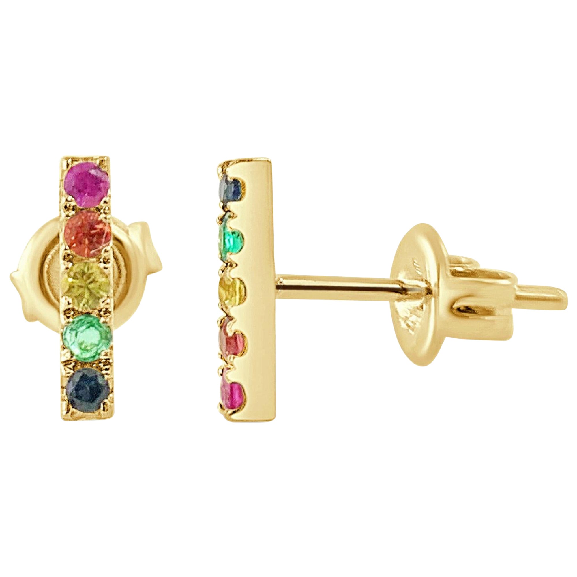 14 Karat Gelbgold Saphir, Rubin & Smaragd Regenbogen-Bar-Ohrringe im Angebot