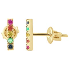 14 Karat Yellow Gold Sapphire, Ruby & Emerald Rainbow Bar Earrings