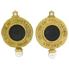 Large Elizabeth Gage Ancient Coin Diamond Pearl Gold Earrings 