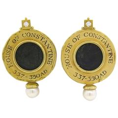 Large Elizabeth Gage Ancient Coin Diamond Pearl Gold Earrings 8