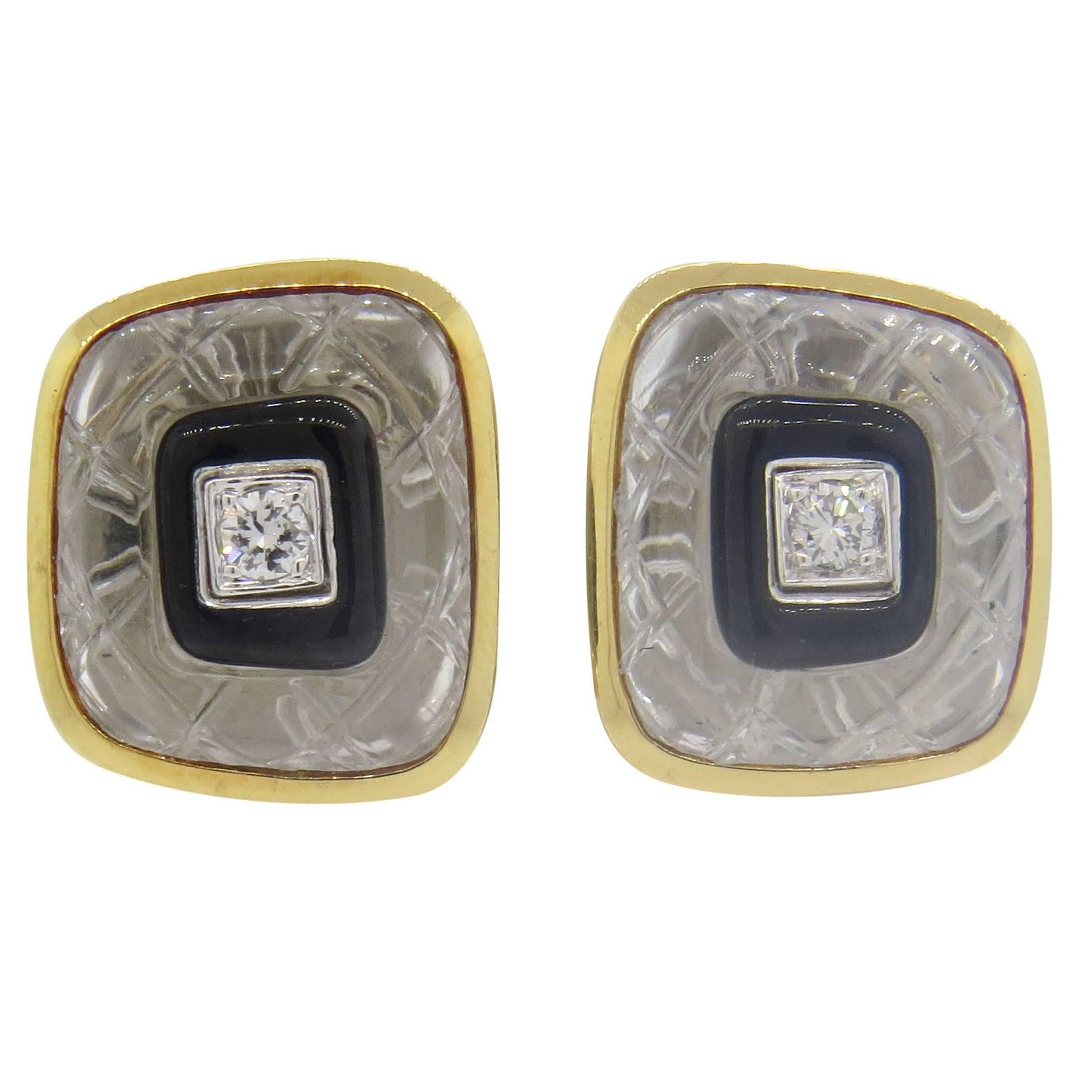 David Webb Carved Crystal Onyx Diamond Gold Platinum Earrings 
