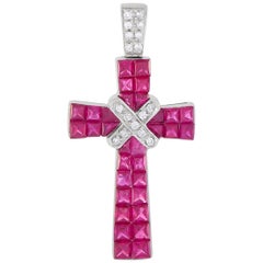 LB Exclusive 18 Karat White Gold 0.09 Carat Diamond and Ruby Cross Pendant