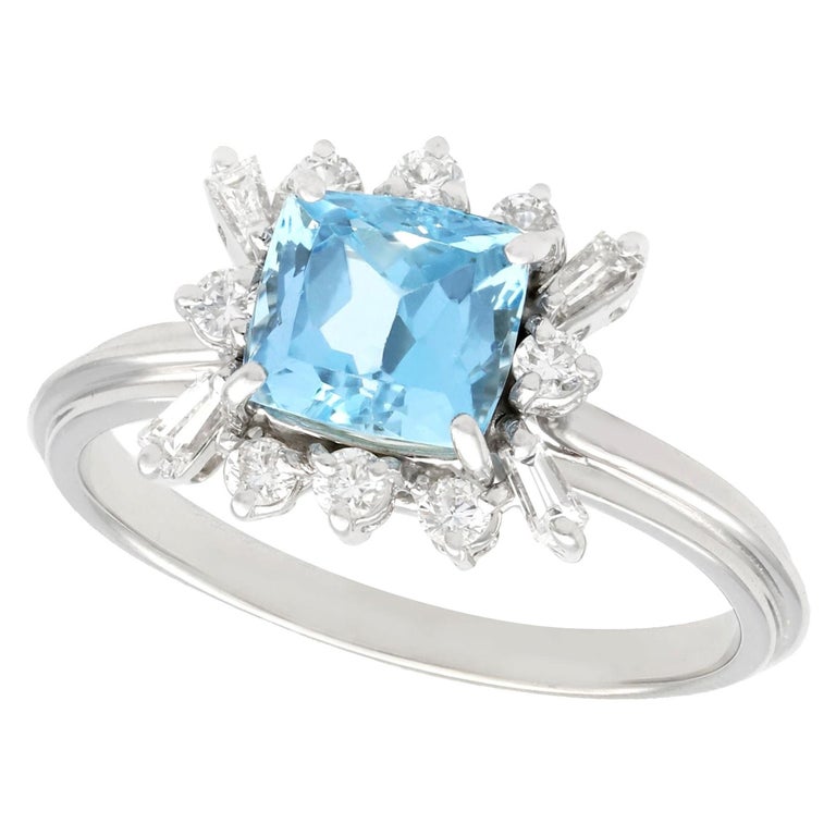 Bague Cocktail Vintage En Or Blanc 18 Carats - Aigue-Marine ~5cts - Taille 53 - Occasion Excellent État