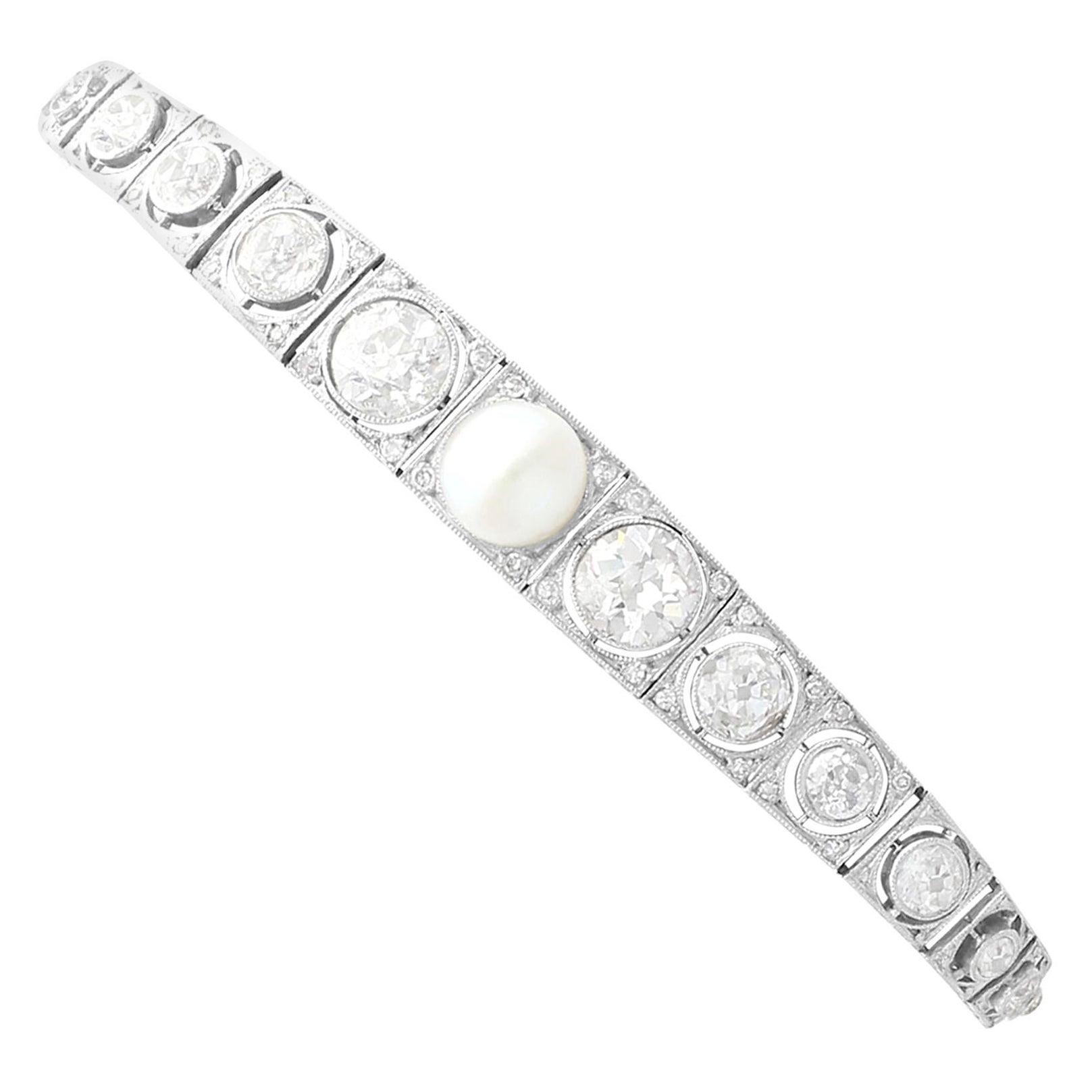 1900s Antique 5.61 Carat Diamond and Pearl White Gold Bracelet For Sale