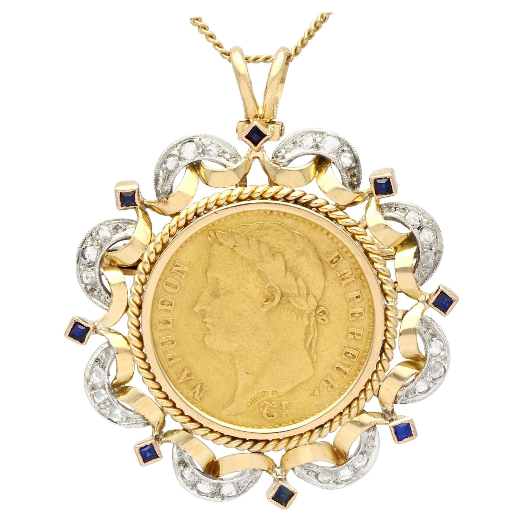 Antique French Sapphire and Diamond Yellow Gold and Gold Coin Pendant For  Sale at 1stDibs
