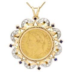 Antique French Sapphire and Diamond Yellow Gold and Gold Coin Pendant
