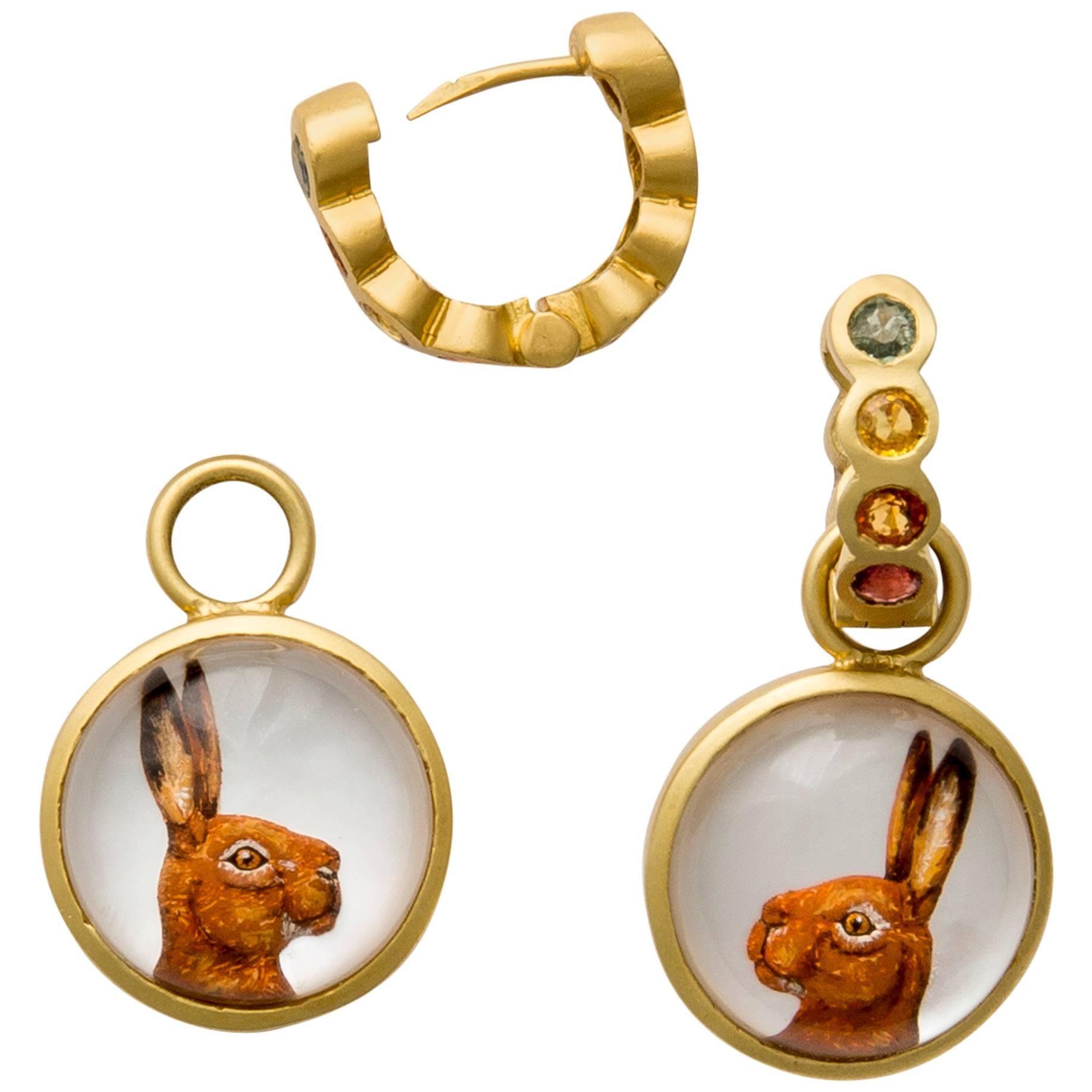 Hand Painted Reverse Crystal Gold Handsome Hare Crystal Drop Earrings For Sale
