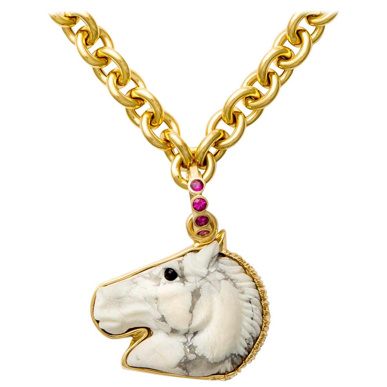 Howlite Onyx Sapphire Gold Horse Head Pendant For Sale at 1stdibs