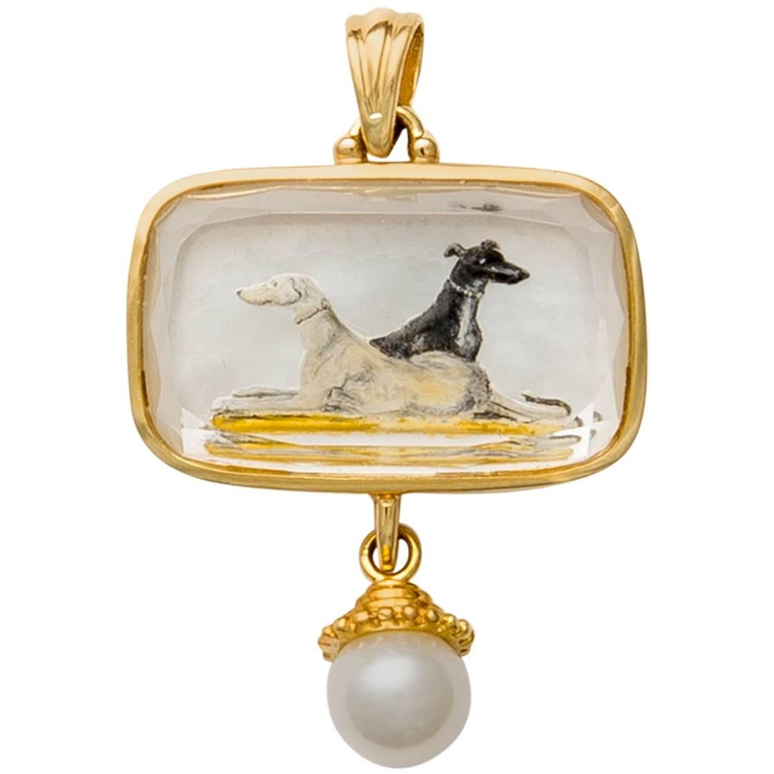 Reverse Crystal Pearl Gold Hand Painted Greyhound Portrait Pendant