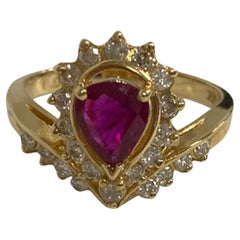 Suzy Levian 14K Yellow Gold Pear-Cut Ruby and White Diamond Vintage Look Ring